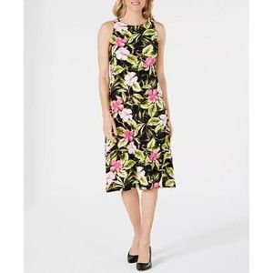 Kasper Women's Sleeveless Jewel Neck Hibiscus Floral Dress Size L NEW